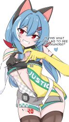  1girl absurdres alternate_hair_length alternate_hairstyle animal_ears asymmetrical_gloves bare_shoulders blue_hair blush boots breast_strap breasts cat_ears colphne_(girls&#039;_frontline_2) cosplay detached_collar dress elbow_gloves english_text girls&#039;_frontline girls&#039;_frontline_2:_exilium gloves grin hair_between_eyes hair_ornament hairclip hands_up heart heart_hands highres hip_focus leaning_forward long_hair looking_at_viewer medium_breasts midriff mismatched_gloves navel navel_peek partially_unzipped red_eyes risu_(risu028) ro635_(girls&#039;_frontline) ro635_(girls&#039;_frontline)_(cosplay) robella_(future_navigator)_(girls&#039;_frontline_2) robella_(girls&#039;_frontline_2) see-through_clothes see-through_dress sleeveless sleeveless_dress small_breasts smile solo standing strapless strapless_dress teasing thigh_boots thigh_gap thighs tube_dress twintails underboob very_long_hair 