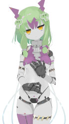  1girl android bikini breasts closed_mouth colored_skin cowboy_shot crop_top dot_mouth dot_nose elephant green_hair groin hair_ornament hand_on_own_chest head_tilt highres joints looking_at_viewer low-tied_sidelocks mecha_musume mechanical_hands medium_hair multicolored_hair nanatsuki_sousuke narrow_hips original purple_hair purple_shirt purple_thighhighs robot_ears robot_joints shirt sidelocks simple_background single_thighhigh solo string_bikini swimsuit thighhighs triangle underboob white_background white_skin yuri zipper zipper_pull_tab 