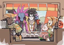 black_eyes black_hair brown_hair calendar creatures_(company) food game_freak gen_2_pokemon gen_5_pokemon hydreigon igglybuff japanese_clothes mori_ranmaru nintendo npc_trainer oda_nobunaga on_shoulder onigiri pectorals pichu pokemon pokemon_(creature) pokemon_conquest pokemon_on_shoulder sengoku_musou smile spiked_hair storefront topknot