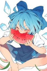  1girl ^_^ absurdres bare_legs barefoot blue_bow blue_dress blue_hair blush bow cirno closed_eyes commentary_request detached_wings dress eating feet_out_of_frame food fruit garasuno hair_bow highres holding holding_food holding_fruit holding_watermelon ice ice_wings indian_style pinafore_dress shirt short_hair short_sleeves simple_background sitting sleeveless sleeveless_dress solo tan tanned_cirno touhou watermelon white_background white_shirt wings 