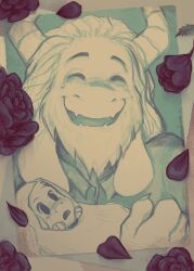  2boys aged_down asgore_dreemurr asriel_dreemurr baby black_flower black_rose carrying carrying_baby carrying_person closed_eyes commentary crying deaderrose english_commentary facing_viewer fangs floppy_ears flower furry furry_male goat_horns highres horns long_hair looking_at_another looking_up male_focus multiple_boys open_mouth partially_colored rose skin_fangs smile swept_bangs tearing_up undertale 