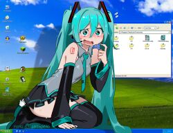  1girl aqua_eyes aqua_hair aqua_necktie arm_support arm_tattoo artist_name audacity bare_shoulders between_breasts black_boots black_nails black_skirt black_sleeves bliss_(image) blush body_markings boots breasts clock cloud collared_shirt cursor desktop_(computing) detached_sleeves embarrassed english_text erection f.e.a.r. fellatio female_focus flying_sweatdrops folder from_side full_body german_text grass grey_shirt hair_between_eyes hair_ornament half-life half-life_(series) half-life_3 hatsune_miku headset hetero highres hill icon_(computing) legs logitech long_hair long_twintails looking_at_viewer looking_to_the_side max_payne_(series) medium_breasts microsoft_windows minecraft miniskirt multicolored_boots multiple_views necktie necktie_between_breasts number_tattoo open_mouth oral penis photo_background pointing pointing_at_self pornography recycle_bin seiza shadow shirt sitting skirt sky sleeveless sleeveless_shirt snegovski solo sweat taskbar tattoo thigh_boots thighhighs tie_clip time_paradox twintails two-tone_boots very_long_hair vocaloid watermark webcam wide_sleeves window_(computing) windows_logo windows_xp zettai_ryouiki 