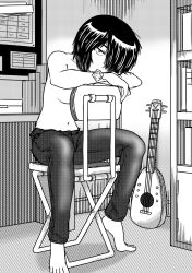  angelsbestrace barefoot bedroom black_hair chair condom condom_in_mouth condom_wrapper desk feet hair_over_one_eye head_on_arm highres instrument leaning_forward looking_at_viewer mouth_hold navel nazo_no_kanojo_x sitting sitting_backwards stringed_instrument tiptoes topless_female urabe_mikoto  rating:Sensitive score:13 user:Unonymous