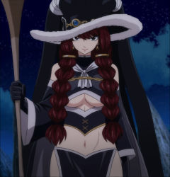  1girl breasts fairy_tail fur-trimmed_headwear fur_trim hat highres irene_belserion large_breasts long_hair midriff mature_female navel red_hair revealing_clothes underboob  rating:Questionable score:41 user:redblue99