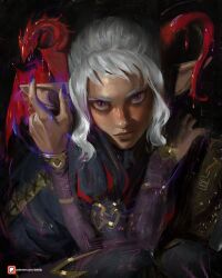  dark-skinned_female dark_skin dragon dungeon_meshi elf highres lips looking_at_viewer patreon_logo patreon_username pointy_ears purple_eyes sebijy sidelocks thistle_(dungeon_meshi) white_hair  rating:General score:10 user:BeefyLeafy69