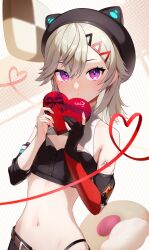 1girl animal_hat bare_shoulders beret black_hat box cat_hat closed_mouth cookie crop_top detached_sleeves dot_mouth elbow_gloves facial_mark food gloves grey_hair hair_between_eyes hair_ornament hairpin hat heart-shaped_box highres komori_met komori_met_(5th_costume) looking_at_viewer medium_hair midriff multiple_hairpins navel panty_straps parted_bangs partially_fingerless_gloves purple_eyes single_detached_sleeve single_elbow_glove solo swept_bangs tokonagi_yori triangle_hair_ornament upper_body valentine virtual_youtuber vspo! 
