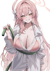  absurdres ahoge bikini bikini_under_clothes blue_archive bow braid breasts cleavage collarbone collared_shirt commentary_request green_eyes hair_intakes halo halterneck hanako_(blue_archive) hanako_(swimsuit)_(blue_archive) highres holding holding_hose hose large_breasts official_alternate_costume oversized_clothes oversized_shirt pink_bikini pink_hair pink_halo ryon_y0421 see-through_clothes see-through_shirt shirt single_braid smile swimsuit white_bow white_shirt 