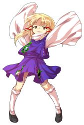  1girl alphes_(style) animal_print arms_up blonde_hair brown_shoes commentary_request dairi frog_print full_body hair_ribbon half-closed_eyes large_variant_set loafers long_hair long_sleeves moriya_suwako no_headwear parody parted_lips purple_skirt purple_vest red_ribbon ribbon shoes skirt skirt_set smile socks solo style_parody tachi-e touhou transparent_background tress_ribbon variant_set vest white_socks wide_sleeves 