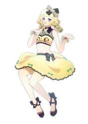  1girl absurdres ankle_bow ankle_ribbon bare_arms bare_shoulders black_bow black_ribbon black_shoes blonde_hair blunt_ends bow bow_print braid butterfly_brooch circle_skirt collared_shirt commentary_request crop_top dot_nose flower full_body grey_bow grey_outline grey_shirt hair_bow hair_flower hair_ornament hand_on_own_chest happy high_heels highres idol invisible_chair lace lace-trimmed_bow lace-trimmed_shirt lace-trimmed_skirt lace_trim leg_ribbon light_blush long_hair looking_at_viewer low_twin_braids midriff miniskirt morgue_(southsakura) musical_note musical_note_print navel open_mouth outline outstretched_hand pretty_rhythm pretty_rhythm_rainbow_live pretty_series pumps purple_eyes red_flower red_rose ribbon ribs rose shirt shoes simple_background sitting skirt smile solo striped_bow takanashi_otoha teeth twin_braids two-tone_bow two-tone_shirt upper_teeth_only waist_bow white_background white_flower white_rose wrist_bow wrist_flower yellow_bow yellow_shirt yellow_skirt 