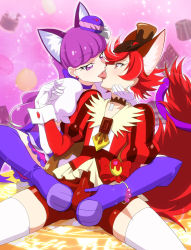 10s 1futa 1girl animal_ears bike_shorts boots bulge cat_ears cat_tail cure_chocolat cure_macaron elbow_gloves erection erection_under_clothes food-themed_hair_ornament footjob footjob_from_behind footjob_over_clothes french_kiss futa_with_female futanari gloves hair_ornament high_heel_boots high_heels interlocked_fingers kenjou_akira kirakira_precure_a_la_mode kiss kotozume_yukari macaron_hair_ornament mushiro_(nijie728995) penis precure profile purple_hair red_hair tail thigh_boots thighhighs rating:Explicit score:60 user:danbooru