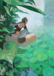  1girl ahoge andira_(granblue_fantasy) animal animal_ears animal_on_head back_bow bare_back bare_hips bare_shoulders beads bird_nest blonde_hair blue_flower bow bush commentary_request detached_sleeves dripping erune female_focus flower flying_nimbus fog frog frog_on_head from_side full_body fur-trimmed_sleeves fur_trim gold_trim granblue_fantasy green_theme hair_beads hair_ornament half-closed_eyes highres in_nest leaf leaning_forward leotard long_sleeves looking_afar mini_person minigirl monkey_ears monkey_girl monkey_tail nature nest obi on_head one_side_up outdoors profile rain red_eyes sash short_hair sitting solo tail thighhighs tree wasabi60 water water_drop white_flower white_leotard white_thighhighs wide_shot wide_sleeves  rating:Sensitive score:7 user:danbooru