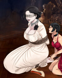 2girls absurdres ada_wong alcina_dimitrescu bdsm black_hair bondage bound breasts cleavage dress earrings fang glaring highres jewelry kneehighs large_breasts lost_one_zero multiple_girls red_dress resident_evil resident_evil_village restrained short_hair smile socks tall_female tickling tickling_feet white_dress yellow_eyes yuri 