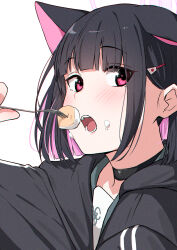  1girl animal_ears black_choker black_hair black_jacket blue_archive blush cat_ears cat_girl choker colored_inner_hair commentary eating extra_ears food food_on_face fork hair_ornament hairclip halo hatohane_(tonnkotubird) highres holding holding_fork jacket kazusa_(blue_archive) looking_at_viewer multicolored_hair open_mouth pink_eyes pink_hair pink_halo short_hair simple_background solo teeth white_background 