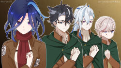  1girl 3boys black_hair blue_eyes blue_hair brown_jacket cloak clorinde_(genshin_impact) earrings facial_mark genshin_impact green_cloak grey_hair highres ishikawa_yui jacket jewelry kamiya_hiroshi long_hair long_sleeves looking_at_viewer lyney_(genshin_impact) multiple_boys naruno_suke_(narunosk) neuvillette_(genshin_impact) ono_daisuke purple_eyes red_scarf scar scarf shimono_hiro shingeki_no_kyojin shirt short_hair voice_actor_connection white_hair white_shirt wriothesley_(genshin_impact) 