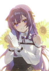  1girl abroccoli absurdres bow bowtie collared_shirt detached_sleeves flower grin highres indie_virtual_youtuber long_hair looking_at_viewer otsuka_ray purple_bow purple_bowtie purple_eyes purple_hair shirt sleeveless sleeveless_shirt smile solo sunflower virtual_youtuber white_shirt white_sleeves 
