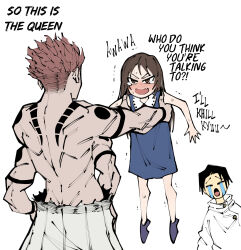  1girl 2boys arm_tattoo black_hair blush brown_eyes child crying_emoji dingotoad dress emoji english_text extra_arms highres jacket japanese_clothes jujutsu_kaisen long_hair meme multiple_boys okkotsu_yuuta open_mouth orimoto_rika pants pink_hair ryoumen_sukuna_(jujutsu_kaisen) ryoumen_sukuna_(true_form)_(jujutsu_kaisen) short_hair sleeveless spiked_hair tattoo uohhhhhhhhh!_(meme) white_jacket  rating:General score:101 user:danbooru