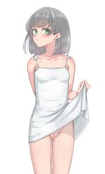  1girl bare_shoulders blush cleft_of_venus clothes_lift collarbone dress dress_lift female_focus flat_chest gluteal_fold green_eyes grey_hair groin highres legs loli looking_at_viewer looking_to_the_side medium_hair mustee no_panties original presenting presenting_pussy pussy simple_background solo standing thighs uncensored white_background white_dress  rating:Explicit score:187 user:secret64