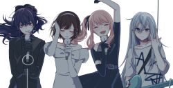  1other 25-ji_nightcord_de._(project_sekai) 3girls \m/ akiyama_mizuki alien_stage arm_up arrow_(symbol) asahina_mafuyu asymmetrical_gloves black_coat black_dress black_gloves black_hair black_ribbon black_shirt bob_cut brown_hair closed_eyes clothing_cutout coat commentary cosplay dress elbow_gloves english_commentary gloves grey_hair guitar guitar_strap hair_between_eyes hair_ribbon highres holding holding_microphone instrument ivan_(alien_stage) ivan_(alien_stage)_(cosplay) long_hair long_sleeves microphone miyotastic mizi_(alien_stage) mizi_(alien_stage)_(cosplay) multiple_girls off-shoulder_dress off_shoulder pink_hair ponytail print_shirt project_sekai purple_hair red_pupils ribbon shinonome_ena shirt short_hair short_sleeves shoulder_cutout side_ponytail sidelocks single_elbow_glove smile sua_(alien_stage) sua_(alien_stage)_(cosplay) tears three-quarter_sleeves till_(alien_stage) till_(alien_stage)_(cosplay) tucking_hair uneven_gloves very_long_hair white_dress white_gloves white_shirt yoisaki_kanade 