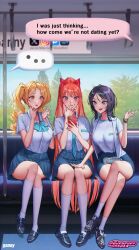  3girls absurdres animification ankle_socks aqua_eyes artist_name black_hair black_shoes blonde_hair blossom_(ppg) blue_bow blue_bowtie blue_necktie blue_skirt blue_sky blue_trim bottle bow bowtie breasts bubbles_(ppg) buttercup_(ppg) cellphone collared_shirt colored_inner_hair commentary copyright_logo crossed_legs day earrings english_text facing_viewer fingernails full_body gnxxe1 green_hair green_nails gym_shirt hair_bow hand_on_another&#039;s_knee hand_to_own_mouth hand_up hands_up highres holding holding_phone jewelry kneehighs large_breasts lipstick loafers long_fingernails long_hair looking_at_phone makeup multicolored_hair multiple_girls nail_polish name_tag necktie object_on_lap open_clothes open_shirt orange_hair orange_nails parted_lips phone pink_eyes pleated_skirt powerpuff_girls red_bow red_lips school_uniform shirt shoes short_sleeves side-by-side sitting skirt sky smartphone sneakers socks text_messaging train_interior tree very_long_hair watch water_bottle white_shirt white_socks window wristwatch yellow_eyes yellow_nails 