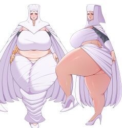  1girl absurdres arm_wrap ass blue_eyes breasts butt_crack cape coif crop_top en&#039;en_no_shouboutai facial_mark fat fat_woman forehead_mark from_side gold_(en&#039;en_no_shouboutai) habit high_heels highres hood huge_ass huge_breasts jewelry lips mature_female midriff multiple_views navel plump revealing_clothes ring rivsarm shirt shoes skirt solo standing thick_thighs thighs white_background white_cape white_shirt white_shoes white_skirt wide_hips 