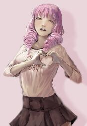  1girl absurdres alternate_costume blush breasts brown_skirt commentary cowboy_shot drill_hair english_commentary english_text heart heart_hands highres katawa_shoujo long_hair medium_breasts mikado_shiina nonsense_(dcrn4428) open_mouth pink_background pink_hair shirt skirt smile solo teeth twin_drills twintails upper_teeth_only yellow_eyes 