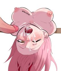 1boy 1girl after_fellatio artist_name blush breasts chainsaw_man collarbone completely_nude cum cum_in_mouth cum_on_body cum_on_breasts cum_on_upper_body demon_horns facial highres horns large_breasts long_hair lying nipples nose_blush nude on_back on_table one_eye_closed open_mouth pink_hair power_(chainsaw_man) red_horns sharp_teeth simple_background solo_focus sweat table taku34128 teeth tongue twitter_username upper_teeth_only upside-down white_background yellow_eyes rating:Explicit score:98 user:MonsieurCinq