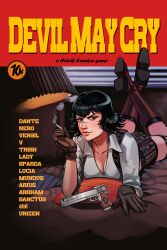  1girl absurdres black_hair boots brown_gloves character_name cigarette commission copyright_name devil_may_cry_(series) gloves green_eyes gun heterochromia highres holding holding_cigarette lady_(devil_may_cry) looking_at_viewer lying mauricio_mora movie_poster on_stomach pulp_fiction red_eyes scar scar_on_face scar_on_nose second-party_source shirt weapon white_shirt 