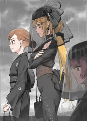  3girls bag black_dress black_kimono blonde_hair brown_eyes brown_hair commentary_request cover cover_page crossed_arms dress earrings from_side funeral funeral_dress funeral_kimono funeral_veil haimura_kiyotaka hair_bun handbag highres japanese_clothes jewelry kimono long_hair low_ponytail misaka_mikoto mourning multiple_girls novel_cover obi obijime official_art pink_hair ponytail rain sad sash shokuhou_misaki short_hair spider_web_print spoilers star-shaped_pupils star_(symbol) symbol-shaped_pupils toaru_majutsu_no_index toaru_majutsu_no_index:_genesis_testament tsukuyomi_komoe veil yellow_eyes 