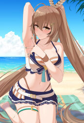  1girl aqua_eyes arm_up armpit_focus armpits barefoot beach beach_towel belt bikini bikini_skirt breasts brown_eyes brown_hair closed_mouth collarbone commentary commission day english_commentary eyelashes front-tie_bikini_top front-tie_top hair_between_eyes hair_ornament hairclip hand_up highleg highleg_bikini highres hololive hololive_english hololive_summer_2023_swimsuit hui_yu large_breasts layered_bikini long_hair looking_at_viewer nail_polish nanashi_mumei navel on_ground outdoors seiza sitting smile soles solo spread_armpit stomach swimsuit thigh_belt thigh_strap thighs toes towel very_long_hair virtual_youtuber white_belt 