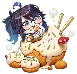  1girl agustinus ahoge bandages black_hair blue_eyes blue_hair breasts chest_sarashi chibi choker cleavage food holding holding_food indie_virtual_youtuber jacket kson long_hair mole mole_under_eye multicolored_hair open_clothes open_jacket open_mouth ponytail sarashi solo souchou streaked_hair takoyaki white_background 