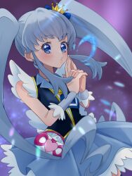  1girl blue_bow blue_eyes blue_hair bow brooch crown crown_bow cure_princess earrings finger_gun gold_crown gradient_background hair_bun hair_ornament happinesscharge_precure! heart heart_brooch heart_hair_bun highres jewelry long_hair magical_girl mini_crown pointed_crown precure purple_background shigen_pr shirayuki_hime skirt smile solo twintails wide_ponytail wing_brooch wing_earrings wrist_cuffs 