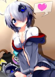 1girl :&lt; ahoge arms_between_legs asymmetrical_bangs blue_eyes blue_skirt blue_thighhighs blush bomb bow breasts brown_background cleavage collarbone collared_shirt explosive expressionless feet_out_of_frame fuse gradient_background gray_(bombergirl) grey_bow grey_jacket hair_ornament hair_over_one_eye heart highres jacket long_sleeves looking_at_viewer medium_hair navel off-shoulder_jacket off_shoulder open_clothes open_jacket open_shirt plaid_clothes plaid_skirt pleated_skirt shironeko_haru shirt sidelocks silver_hair simple_background sitting skirt solo speech_bubble thighhighs thighs unbuttoned unbuttoned_shirt wariza white_shirt zettai_ryouiki 