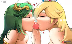 1boy 2girls armlet bare_shoulders blonde_hair blush closed_eyes collarbone crossover crown earrings english_text erection eyebrows forehead_jewel green_hair heart highres jewelry kid_icarus kid_icarus_uprising kissing_penis laurel_crown lips long_hair mario_(series) multiple_girls mystyhw nintendo palutena patreon_logo patreon_username penis profile redrawn rosalina saliva saliva_trail sidelocks simple_background speech_bubble star_(symbol) star_earrings super_mario_galaxy super_smash_bros. sweat talking trembling uncensored upper_body veins watermark web_address white_background rating:Explicit score:95 user:MonsieurCinq