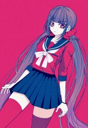  1girl black_hair blunt_bangs danganronpa_(series) danganronpa_v3:_killing_harmony hair_ornament hair_scrunchie harukawa_maki highres long_hair long_sleeves looking_at_viewer low_twintails miniskirt mole mole_under_eye pleated_skirt red_eyes red_scrunchie red_shirt red_thighhighs sailor_collar satori_(aosky9077) school_uniform scrunchie shirt skirt solo thighhighs twintails zettai_ryouiki 