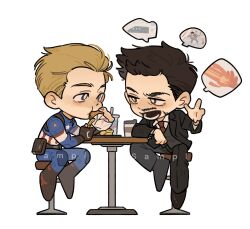  2boys avengers_(series) belt black_hair black_jacket black_pants black_shoes black_vest blonde_hair blue_bodysuit blue_eyes bodysuit boots brown_belt brown_boots brown_eyes brown_gloves burger captain_america chibi chibi_only collared_shirt cup drinking_straw eating facial_hair fingerless_gloves food formal_clothes french_fries gloves hand_up highres holding holding_burger holding_cup holding_food jacket lapels long_sleeves looking_at_another male_focus marvel marvel_cinematic_universe multiple_boys necktie on_chair open_clothes open_jacket open_mouth pants pocket red_necktie sample_watermark shirt shoes short_hair simple_background sitting smile speech_bubble star_(symbol) star_print steve_rogers suit suit_jacket superhero_costume table teeth tony_stark tray vertical-striped_bodysuit vest watermark white_background white_shirt yiqianbixin 
