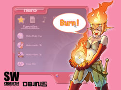  1girl cd cursor elbow_gloves element_bender english_text female_focus fiery_hair fire gloves knight legs_apart mascot navel nero_(mm19) os-tan personification product_girl red_eyes software solo sword weapon 