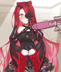  1girl black_dress blush bow braid breasts choker dress fate/grand_order fate_(series) hair_between_eyes long_hair long_sleeves nick_(pix425) pregnancy_test red_hair small_breasts solo_focus tearing_up typhon_ephemeros_(fate) typhon_ephemeros_(second_ascension)_(fate) very_long_hair wide_sleeves yellow_eyes 