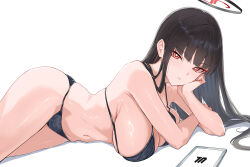  1girl bare_arms bare_legs bare_shoulders black_bra black_hair black_panties blue_archive blunt_bangs blush bra hand_on_own_face highres isokaze12 long_hair looking_at_viewer lying navel no_pants no_shirt on_side panties parted_lips red_eyes rio_(blue_archive) sidelocks solo stomach tablet_pc underwear underwear_only 