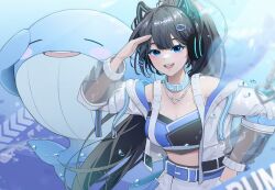  1girl akaiv_studio animal_ear_headphones animal_ears axent_wear bare_shoulders belt black_hair black_shirt blue_choker blue_eyes breasts buttbbol cat_ear_headphones choker cleavage crop_top fake_animal_ears headphones highres jacket jewelry large_breasts long_hair long_sleeves looking_at_viewer midriff necklace off_shoulder open_clothes open_jacket open_mouth ponytail salute see-through_clothes see-through_sleeves shirt sleeveless sleeveless_shirt smile solo two-tone_shirt upper_body very_long_hair virtual_youtuber whale white_jacket yeorumi_(vtuber) 