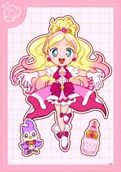  1girl animal aqua_eyes aroma_(go!_princess_precure) bare_legs bird blonde_hair boots border bottle bow bowtie bright_pupils brooch buttons center_frills choker coattails commentary_request cure_flora deformed dot_nose dotted_line dress earrings flower flower_brooch flower_choker flower_earrings footwear_bow footwear_flower forehead frilled_dress frilled_sleeves frills full_body gloves go!_princess_precure gold_tiara gradient_hair grid_background hair_bun hair_flower hair_ornament half_updo happy haruno_haruka highres jewelry leg_up light_blush long_hair magical_girl medium_dress multicolored_hair open_mouth outline outstretched_arms perfume_bottle pink_border pink_bow pink_bowtie pink_dress pink_flower pink_hair precure puffy_short_sleeves puffy_sleeves purple_bird short_sleeves signature single_hair_bun smile straight-on streaked_hair tareme teeth thick_eyebrows two-tone_hair upper_teeth_only uwded_207 very_long_hair waist_bow white_background white_boots white_flower white_gloves white_outline white_pupils white_sleeves 