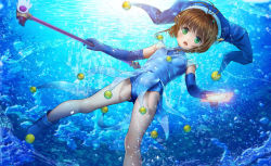1girl ahoge bell blue_gloves blue_hat blue_leotard blue_shoes brown_hair bubble cameltoe cardcaptor_sakura clow_card dress elbow_gloves fuuin_no_tsue gloves gluteal_fold green_eyes hair_intakes hat highres jester_cap jingle_bell kinomoto_sakura kinomoto_sakura_(water_fairy) legs legs_apart leotard mutsuki_(moonknives) open_mouth see-through_clothes shoes short_dress short_hair solo thighs underwater water rating:Sensitive score:18 user:danbooru