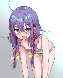 1girl absurdres ahoge bare_arms blue_bra blue_panties blush bow bra braid breasts collarbone cowboy_shot downblouse gluteal_fold gradient_background hair_between_eyes hair_bow hair_over_shoulder highres leaning_forward long_hair looking_at_viewer lower_teeth_only messy_hair multicolored_hair nipple_slip nipples open_mouth original panties polka_dot polka_dot_bra polka_dot_panties purple_hair red_eyes sidelocks small_breasts solo striped_bow teeth thigh_gap twin_braids two-tone_hair underwear underwear_only urushiushiru v-shaped_eyebrows yellow_bow rating:Questionable score:94 user:Sir_Cumalot