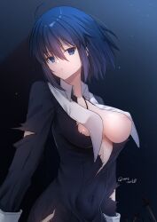  1girl ahoge areola_slip black_dress blue_background blue_eyes blue_hair breasts ciel_(tsukihime) commentary_request covered_erect_nipples covered_navel dress highres large_breasts multiple_swords short_hair solo torn_clothes torn_dress tsukihime twitter_username vent_vert_(kuuya) 
