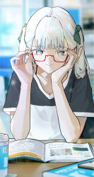 1girl absurdres alternate_costume bespectacled black_straps blurry blurry_background book bow bra_strap breasts bright_pupils cleavage closed_mouth colored_eyelashes commentary cup disposable_coffee_cup disposable_cup english_commentary glasses green_bow hair_bow highres jinhsi_(wuthering_waves) light_smile looking_at_viewer medium_hair multiple_hair_bows open_book red-framed_eyewear revision ryeon_(naturesan) semi-rimless_eyewear shirt small_breasts solo under-rim_eyewear white_eyelashes white_eyes white_hair white_pupils white_shirt wuthering_waves rating:Sensitive score:2 user:danbooru