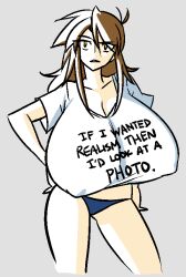  1girl blue_panties breasts brown_hair cleavage clothes_writing covered_erect_nipples english_text female_focus gigantic_breasts lass_(ego_trigger) long_hair matsu-sensei original panties shirt solo standing triangle_mouth underwear white_shirt 