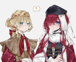  ! 2girls :&lt; black_hat black_vest blonde_hair blue_eyes braid braided_bangs brown_dress cape cross_tie dress fur-trimmed_cape fur_trim grey_background hair_over_one_eye hair_ribbon hat highres kiperina long_hair looking_at_viewer low_ponytail ms_r_r multiple_girls neckerchief newsboy_cap one_eye_covered ponytail red_cape red_hair red_neckerchief red_ribbon reverse:1999 ribbon shared_speech_bubble shirt speech_bubble spoken_exclamation_mark upper_body vest white_shirt yenisei_(reverse:1999) 