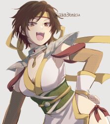 breasts brown_eyes brown_hair cleavage detached_sleeves fishnet_sleeves fishnets hand_on_own_hip headband hip_vent japanese_clothes jewelry kimono large_breasts lips necklace nene nene_(sengoku_musou) obi sash sengoku_musou side_slit smile source_request