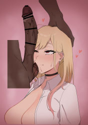 1girl absurdres bar_censor blonde_hair breasts censored choker dark-skinned_male dark_skin drooling ear_piercing earrings giga_(g1g_4) half-closed_eyes hand_on_another&#039;s_head highres interracial jewelry kitagawa_marin large_breasts large_penis looking_at_penis open_clothes oral penis penis_on_face piercing red_eyes shirt sono_bisque_doll_wa_koi_wo_suru testicle_sucking testicles white_shirt rating:Explicit score:192 user:jojosstand