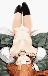  10s black-framed_eyewear black_thighhighs blush breasts censored cleft_of_venus coat fur_trim glasses hair_spread_out hews highres jacket long_hair looking_at_viewer lying mosaic_censoring mouth_hold naked_coat navel nipples nude on_back one_eye_closed open_clothes open_jacket orange_hair persona persona_5 purple_eyes pussy sakura_futaba small_breasts smile solo thighhighs unworn_eyewear upside-down  rating:Explicit score:411 user:danbooru