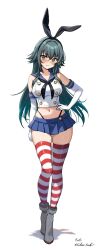  1girl absurdres black_hairband black_neckerchief black_panties blue_sailor_collar blue_skirt commentary_request cosplay crop_top eckert&amp;eich elbow_gloves full_body gakuen_idolmaster gloves green_eyes green_hair hair_flaps hairband hand_in_pocket highleg highleg_panties highres idolmaster kantai_collection long_hair looking_at_viewer microskirt miniskirt neckerchief panties pleated_skirt sailor_collar shimakaze_(kancolle) shimakaze_(kancolle)_(cosplay) shirt simple_background skirt sleeveless sleeveless_shirt solo striped_clothes striped_thighhighs thighhighs tsukimura_temari underwear white_background white_gloves 